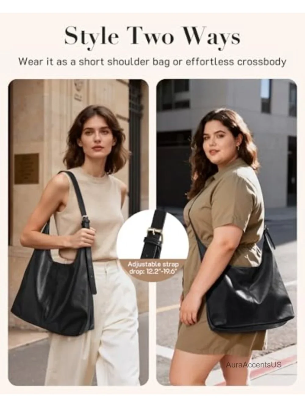 Vegan Leather Hobo Bag with Pouch, Slouchy Shoulder Crossbody Purse, Adjustable